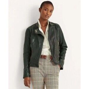 RALPH LAUREN Leather Motto Jacket RL  Moto‎ Biker Jacket Deep Pine Size 12
